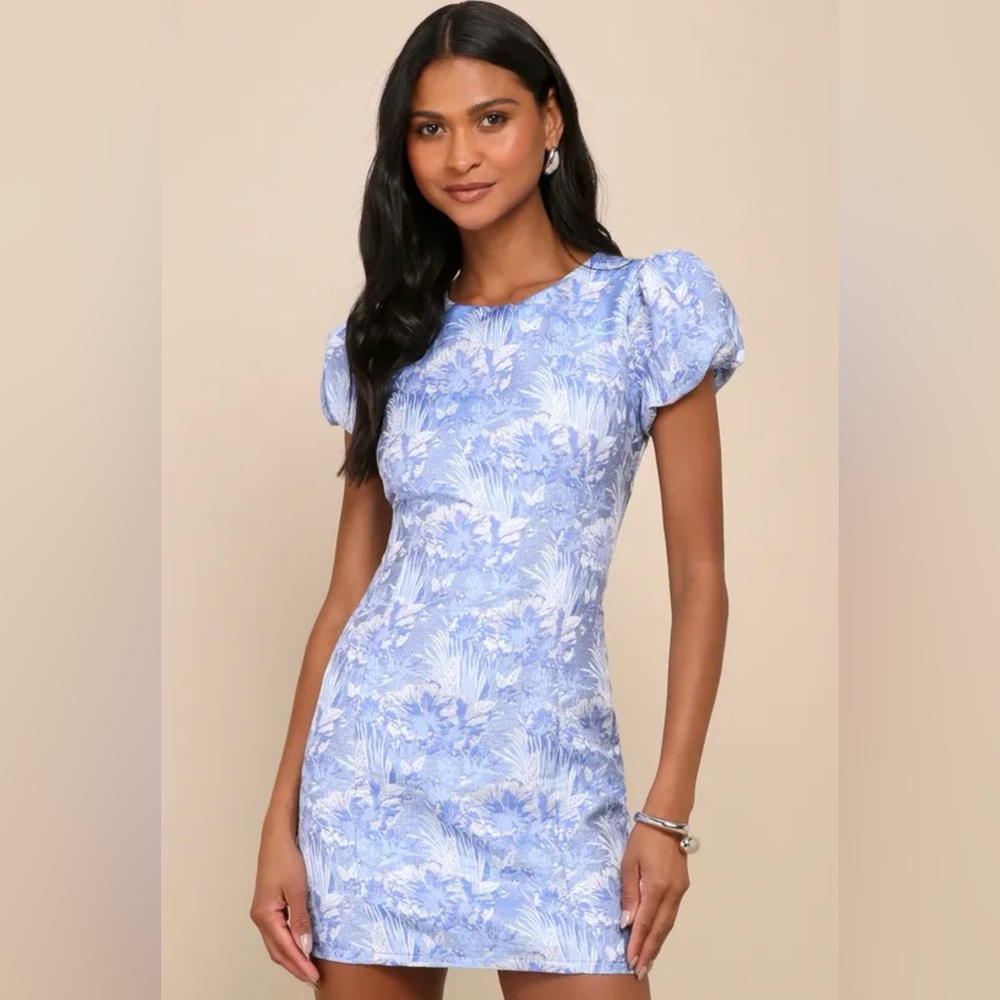Lulus Exceptional Icon Blue Floral Jacquard Puff Sleeve Mini Dress